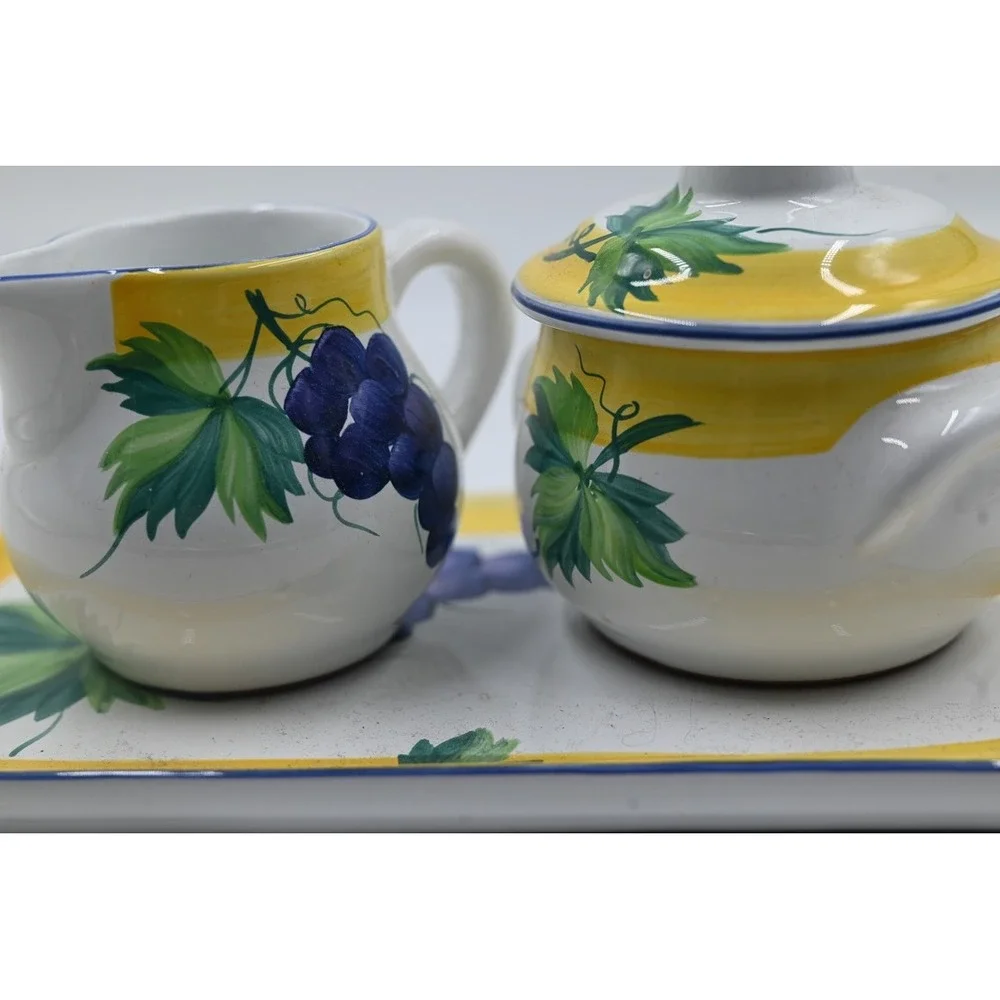 Present Tense Home Artistry Cream Sugar Set with Tray Handpainted Hungary Grapes